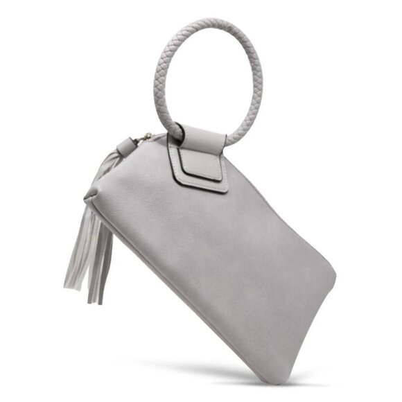 NEW! Gray Soft Vegan Kayla Tassel Leather Ring Wristlet Clutch Zip Wallet Boho - Picture 1 of 2